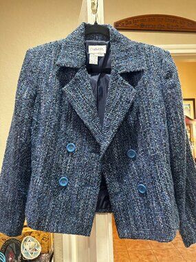 Chadwicks Blue Tweed Cropped Blazer Petite 8 | Double Breasted Chanel Jacket